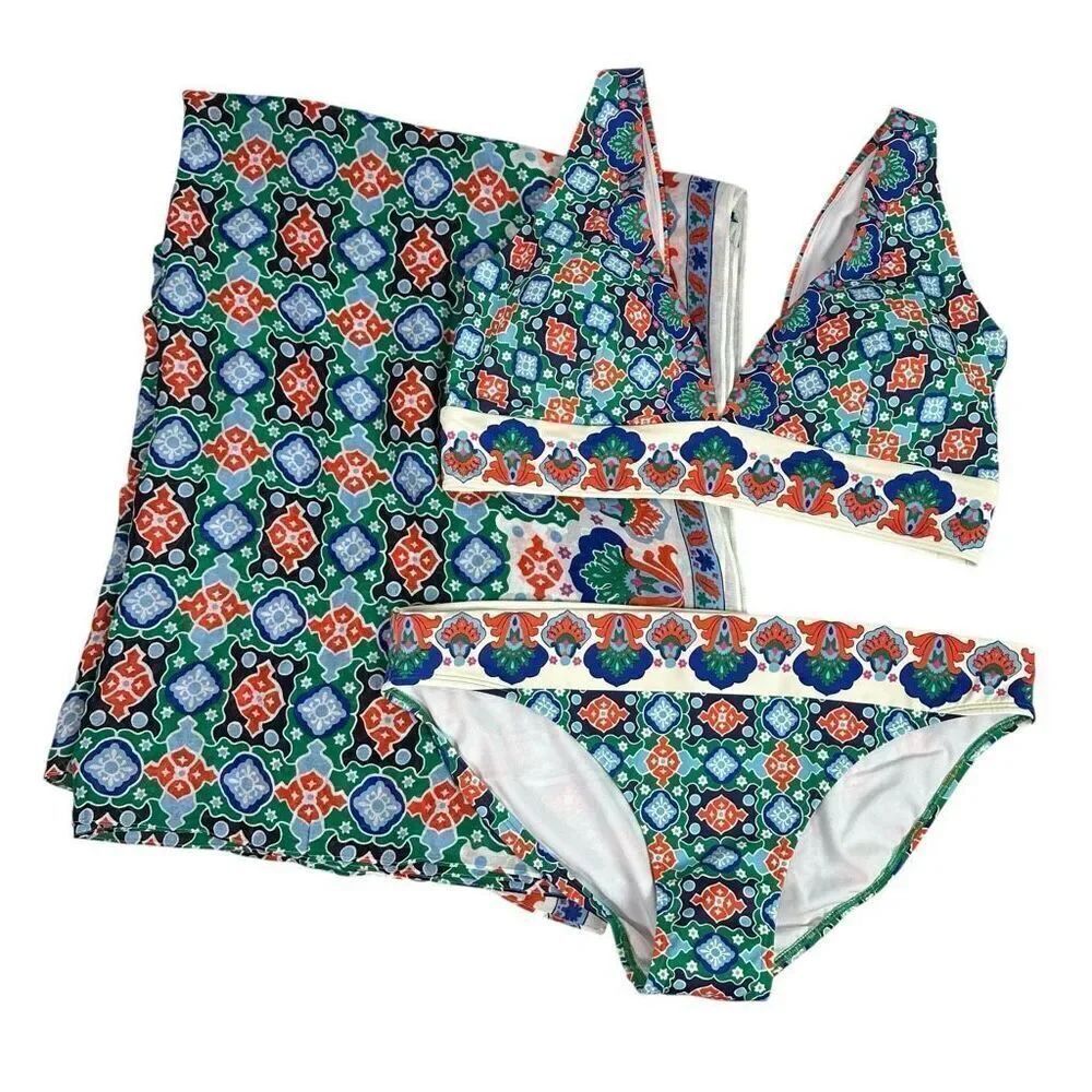 Boden Classic Bikini Bottom Porto Top and Sarong Scarf size 16-18 Mangrove Green